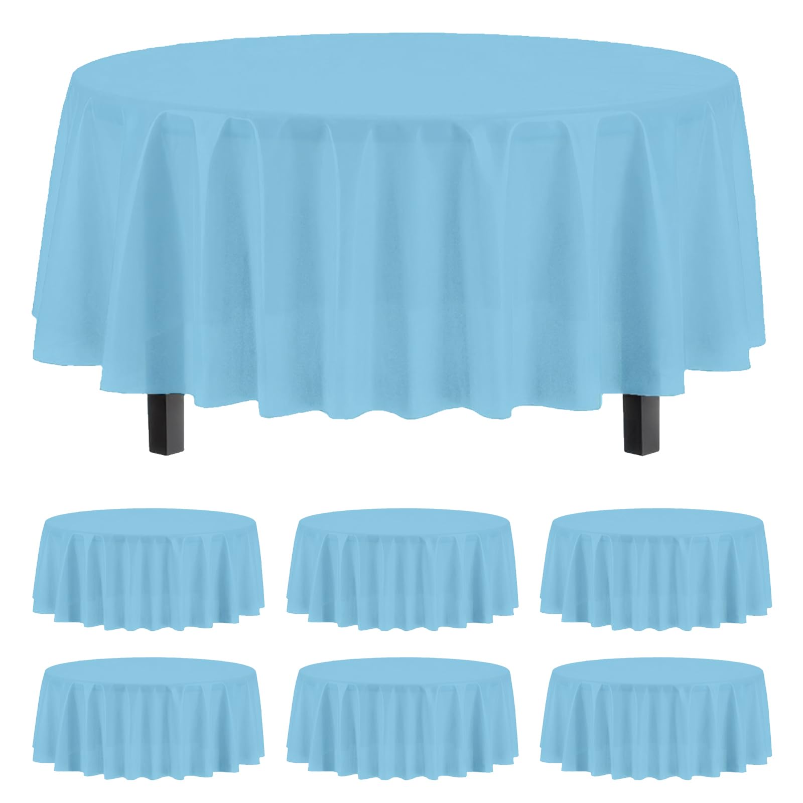6 Packs Round Disposable Table Covers, 213cm/84 inch Plastic PEVA Decorative Tablecloths, Wipeable Waterproof Large Circular Table Cloths for Picnic,Baby Shower,Wedding,Birthday Parties(Sky blue)