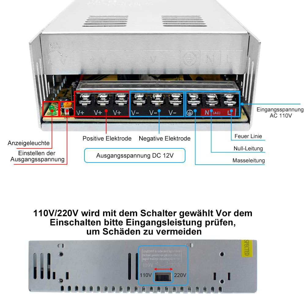 inShareplus Fuente de alimentación de 12 V, 37,5 A, 450 W, fuente de alimentación conmutada universal regulada CC, transformador de 230 V a 12 V, controlador LED, transformador, adaptador para tira