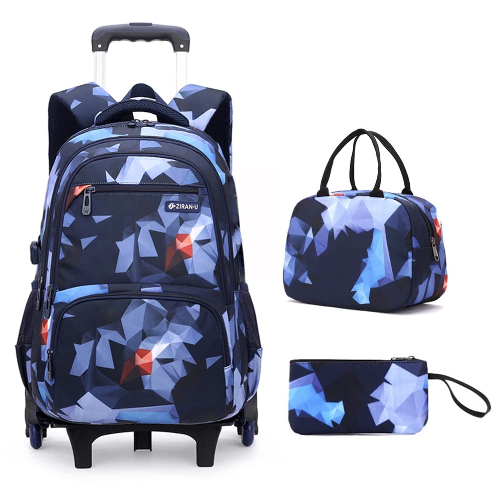 Mildame Geometric Print Rolling Backpack for School Boys Girls with Lunch Bag Teens Bookbag with Wheels Kids Trolley Bag Set, Six Wheels