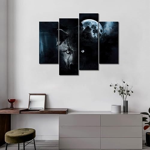 Miniatura 3 de Arte de pared de 4 paneles de lobo negro y luna llena, impresión sobre lienzo, imágenes de animales para decoración del hogar, pieza de regalo