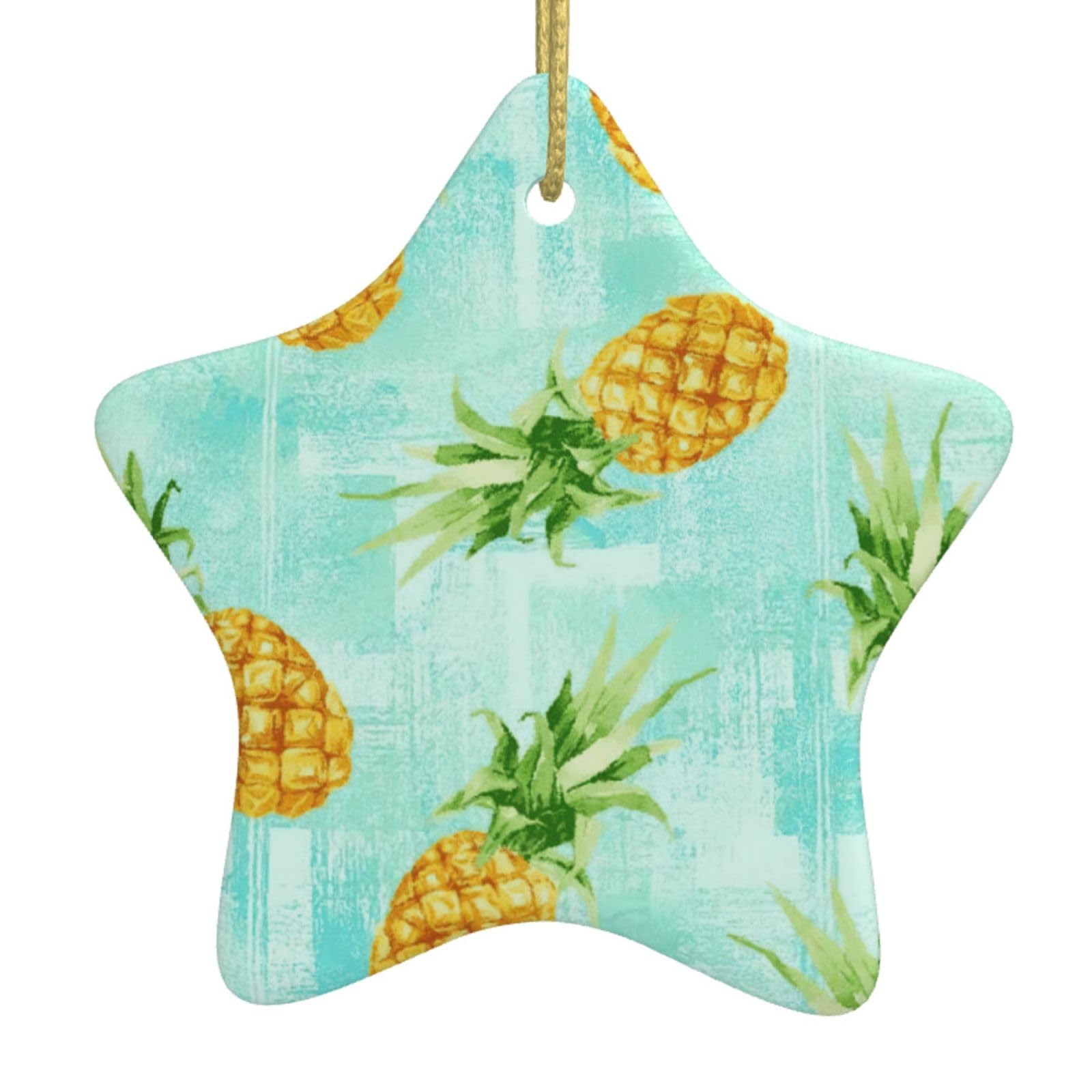 Green Pineapple. Print Christmas Ornaments, Ceramic Hanging Ornament, Round Shape Decorations