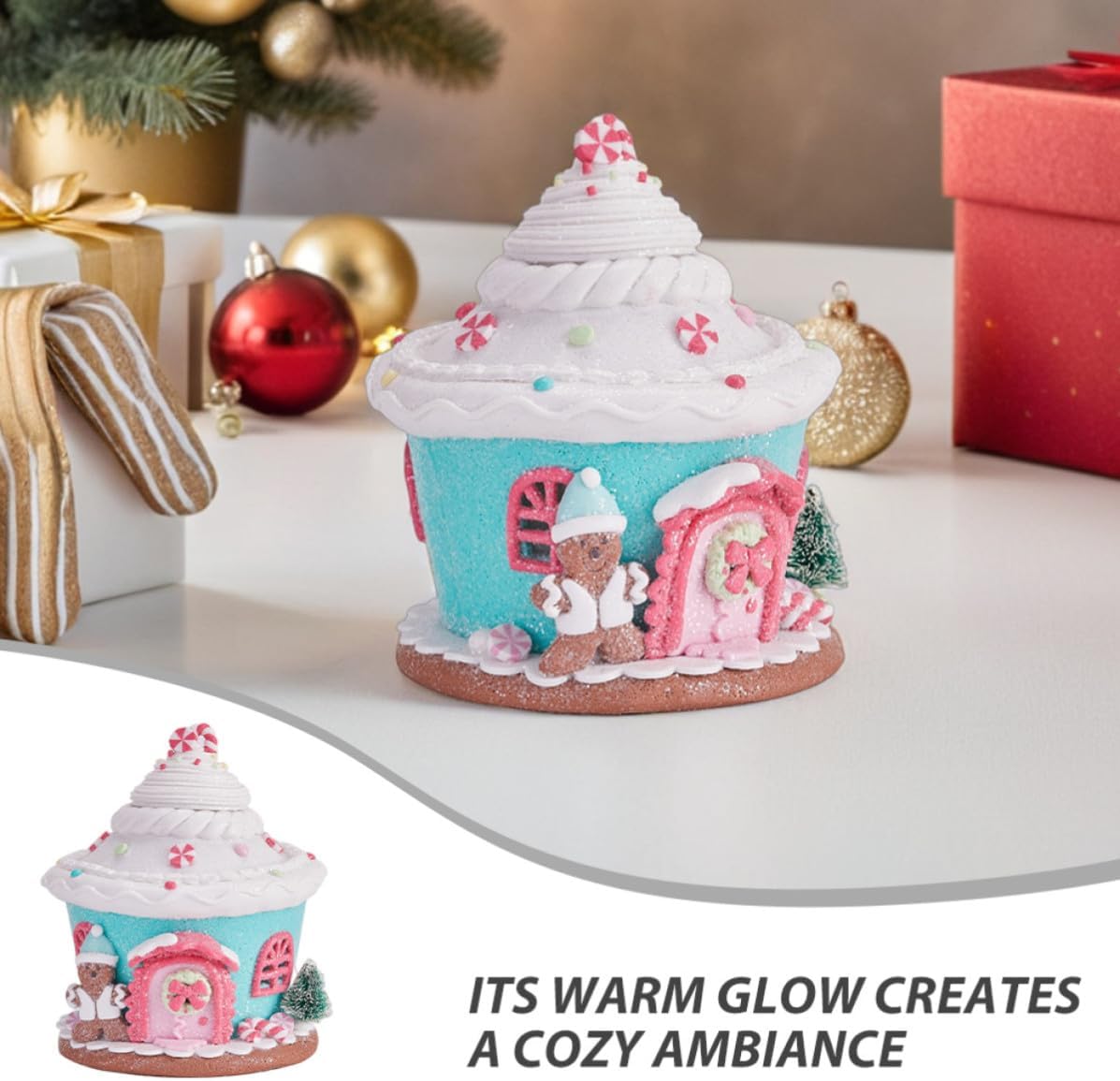 Resin Gingerbread House Ornament with LED Lighted Festive Glow, Classic Castle-Style Christmas Tabletop Decor for Holiday Decor and Christmas Village Setup, Requires 3 Aa Batteries