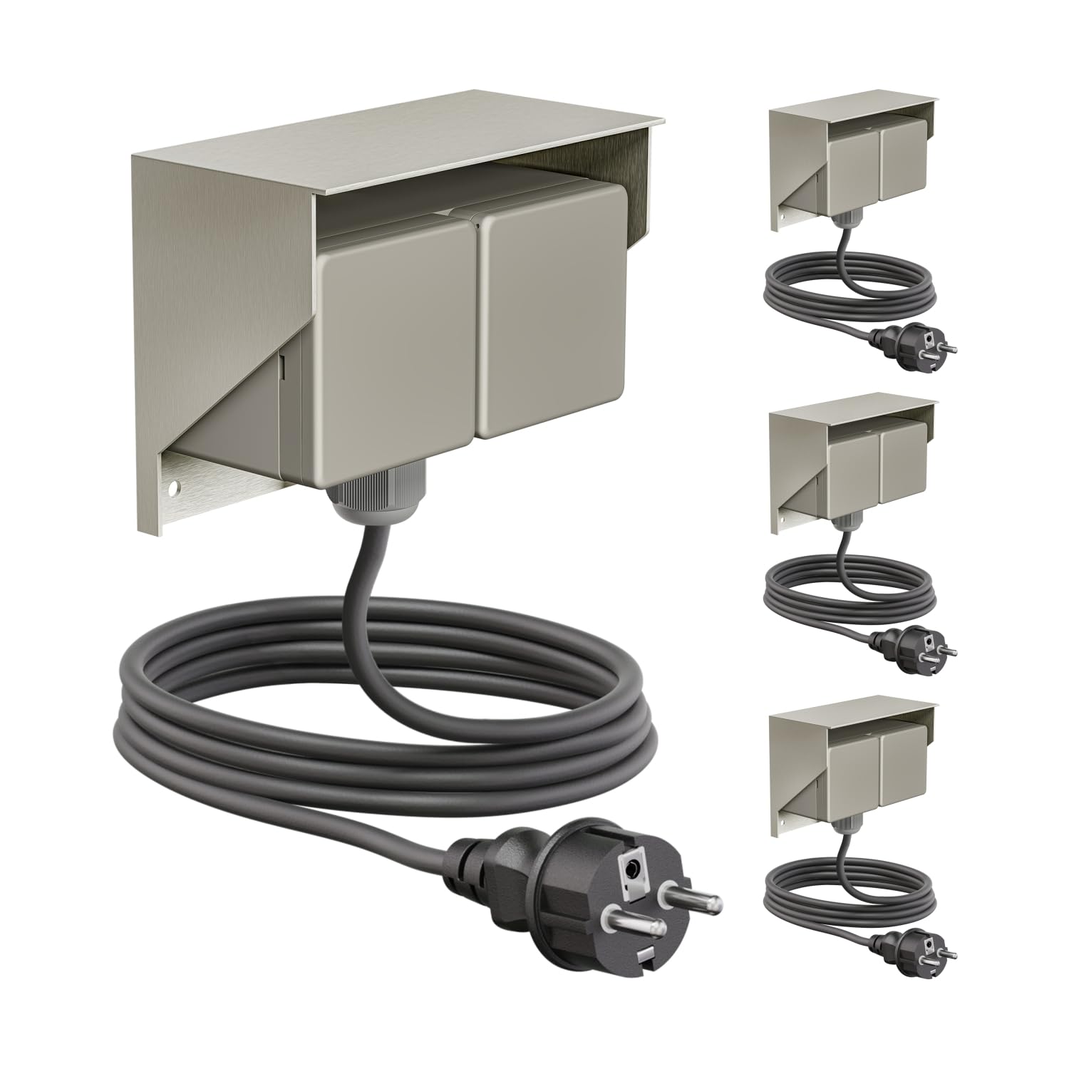 ledscom.de 4x Aufputz Steckdose PIWI für außen und 2m Kabel, IP44, 2-fach, edelstahl, waagerecht