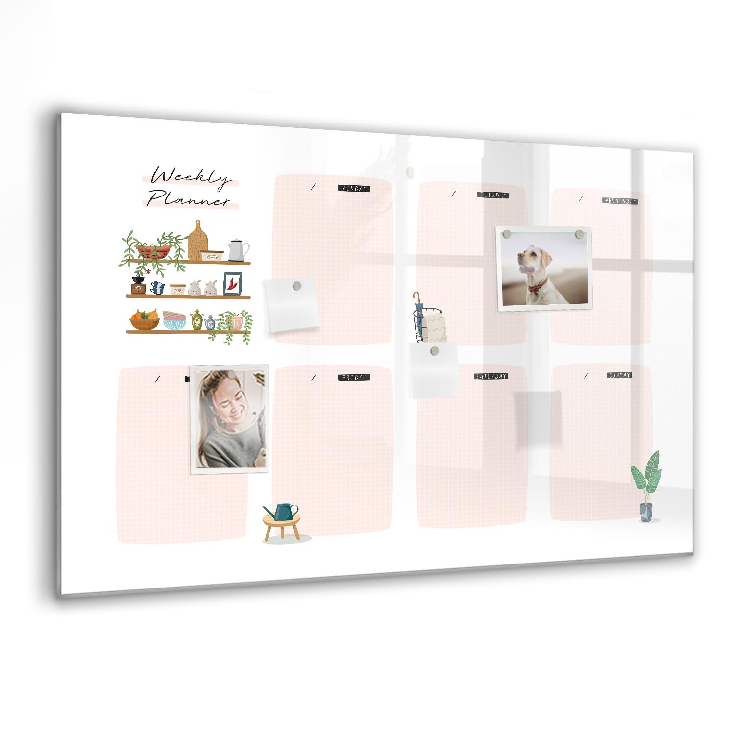 Lavagna Magnetica Elegante in Vetro | Include Magneti Ultra Forti, Pennarello e Gomma | Casa, Ufficio, Scuola e Studio - 90x60 - Agenda settimanale