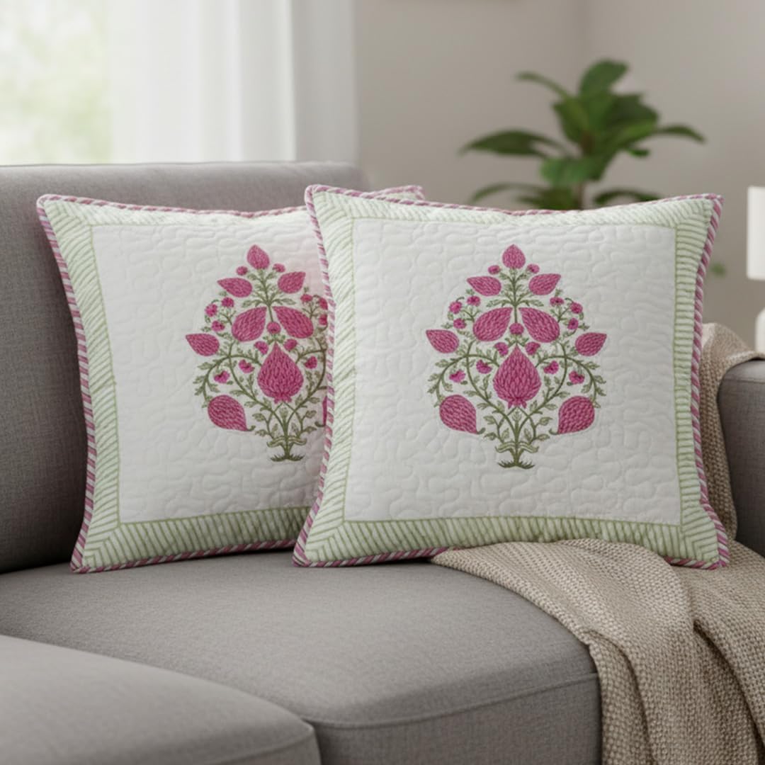 Premium Cotton Cushion Covers Set of 2 - Soft Floral Hand Block Print Living Room 16 x 16 Inch Pillow Cases, Pink