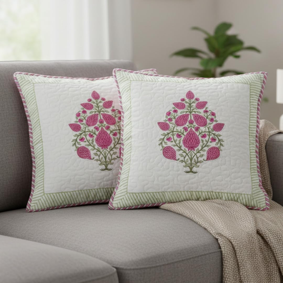 HOMEMONDE Premium Cotton Cushion Covers Set of 2 - Soft Floral Hand Block Print Living Room 16 x 16 Inch Pillow Cases, Pink