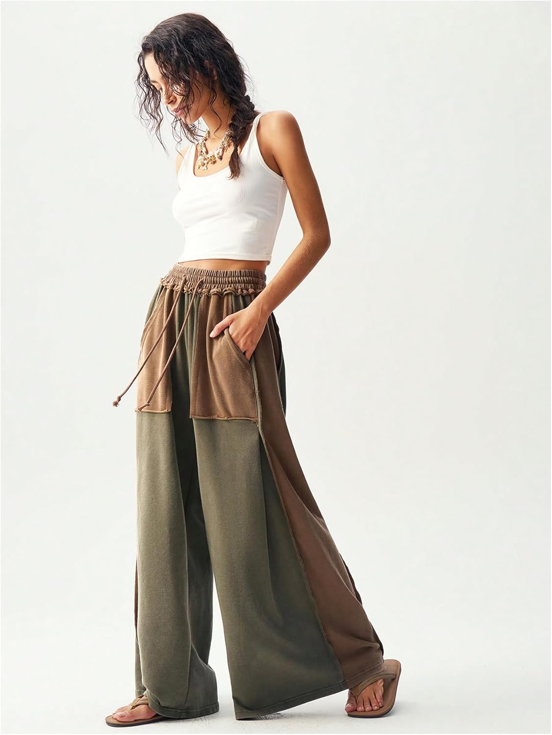 SOLY HUX Women's Wide Leg Baggy Sweatpants Acid Wash Drawstring Elastic Waist Palazzo Long Pants with Pockets - Image 5