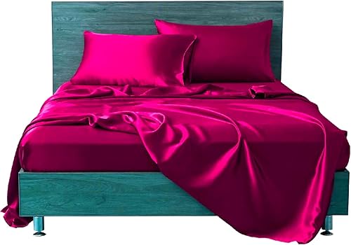Miniatura 4 de Juego de sábanas de satén de seda de 4 piezas, sábana bajera de satén de seda, sábana encimera de satén de seda, funda de almohada de seda, juego de