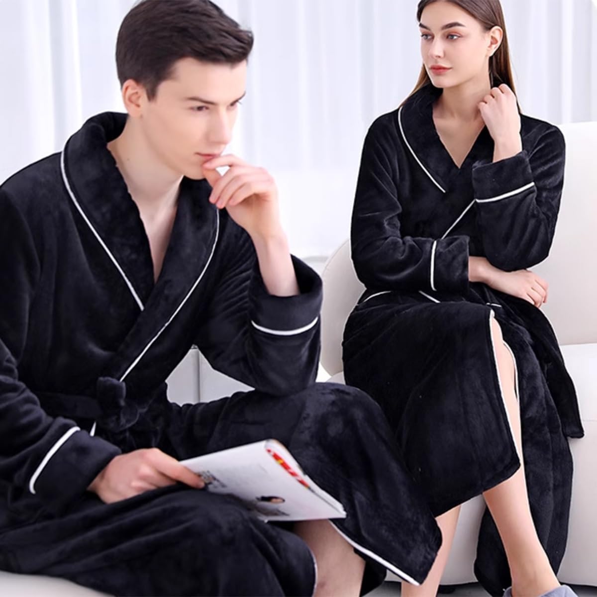Flanelowy Szlafrok Damski Szlafroki Męskie Długa Bielizna Nocna Bielizna Nocna Z Kieszeniami Zimowa Ciepła Koszula Nocna Długa(/Black,XL men)