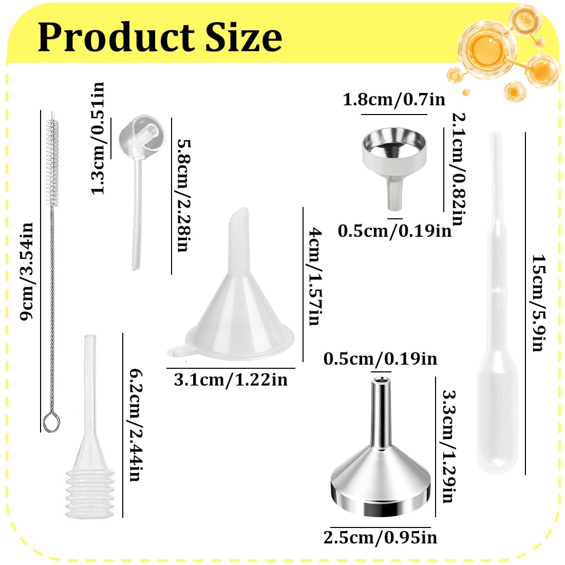 YAYNO 14 Piezas Mini Funnel Set Embudo de Cocina Mini Embudo de Aluminio Metal Gotero de Plástico Dispensador para Botella de Aceite Esencial, Llenado de Botella Pequeña, Cosméticos, Arena