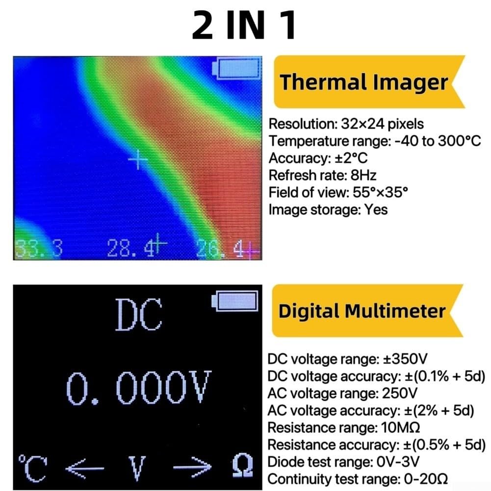 2-in-1 per multimetro IR per immagini termiche con fotocamera 32x24, da -40 a per gamma 300C, aggiornamento 8Hz, termometro digitale a infrarossi ricaricabile di tipo C per test HVAC