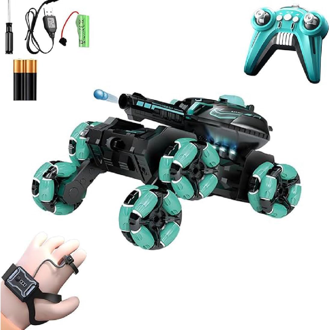 Gesture Sensor RC Tank Toy with Light & Music, Hand Controlled Stunt Car, Shoots Water Bullet Ball, 360° Battle Auto Toy for Boys (Blue)