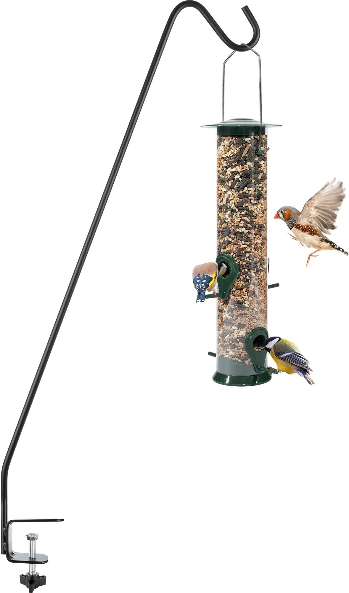 Heavy Duty Deck Hook, Single Piece Solid Rod, No Assembly, 2 Inch Non-Slip Clamp, Black, For Bird Feeders, Planters, Suet Baskets, Lanterns, Wind Chimes, Potted Plants & More!