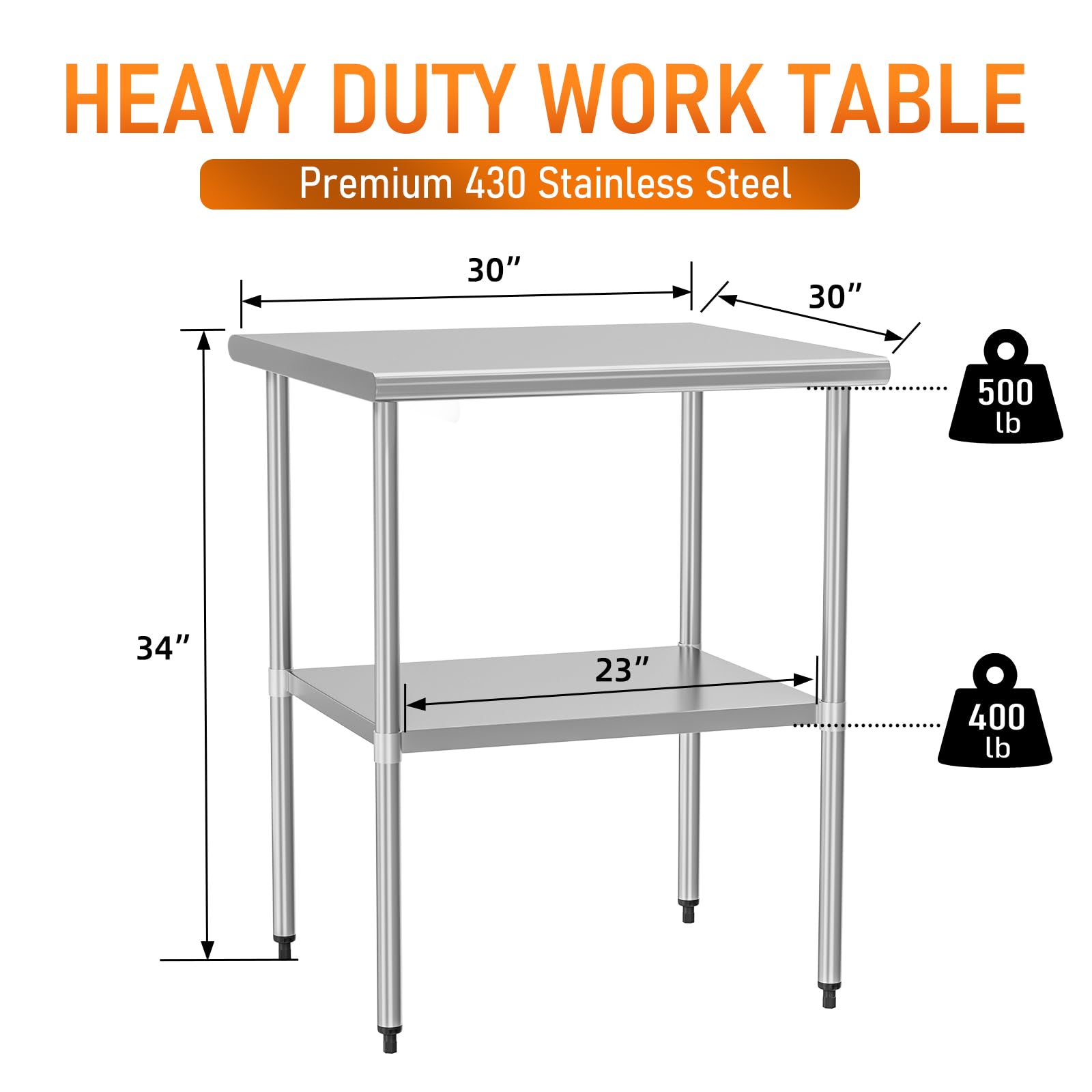 Mesa de acero inoxidable para preparación y trabajo, 30 x 30 pulgadas con estante ajustable, estaciones de trabajo comerciales, mesa de utilidad en cocina, garaje, lavandería, barbacoa al aire