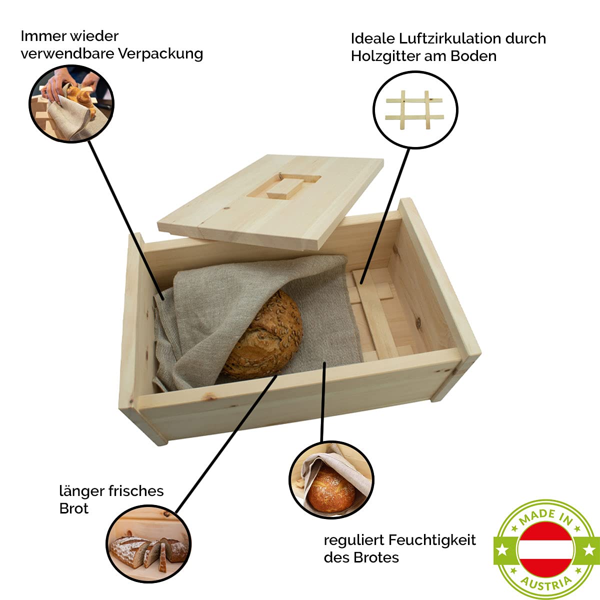 Brotdose Zirbenholz aus Österreich inkl. Gitter & Bäckerleinen - 42x26x16 cm