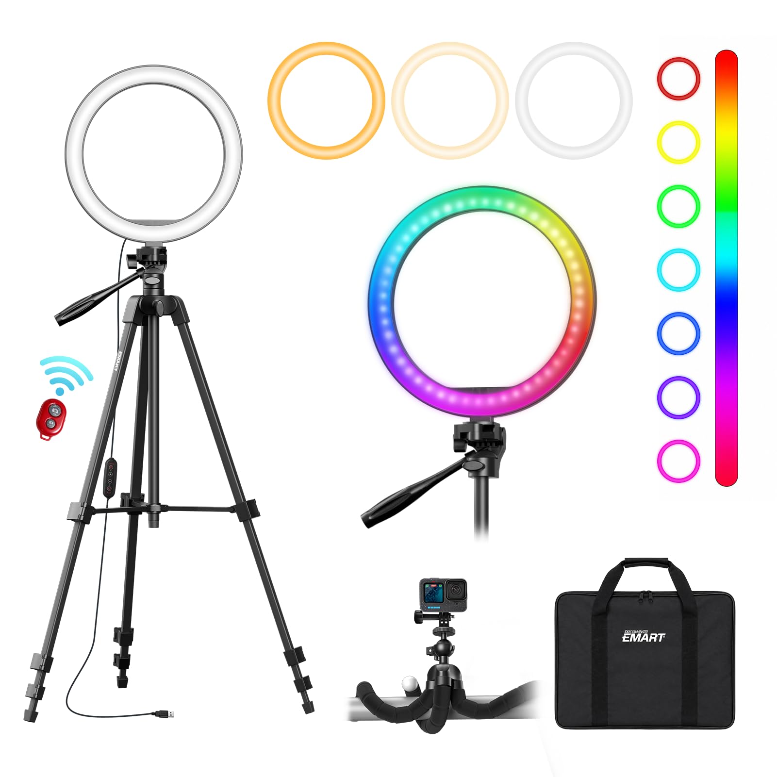 Anello luminoso RGB per selfie 254 cm 10 colori e 10 livelli di luminosità con treppiedi regolabile e supporto per telefono cellulare dimmerabile luce ad anello LED per Live Stream video su YouTube