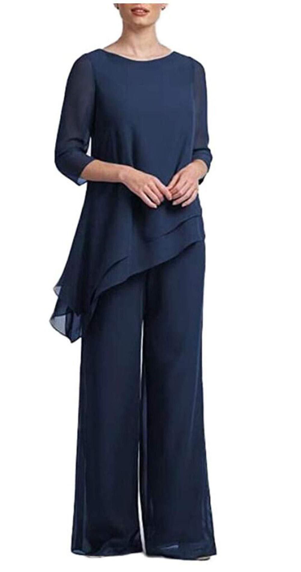 2 PC Chiffon Plus Size Irregular Women Pant Suits Mother of The Bride Wedding Evening Groom Gowns(Navy,us22w)