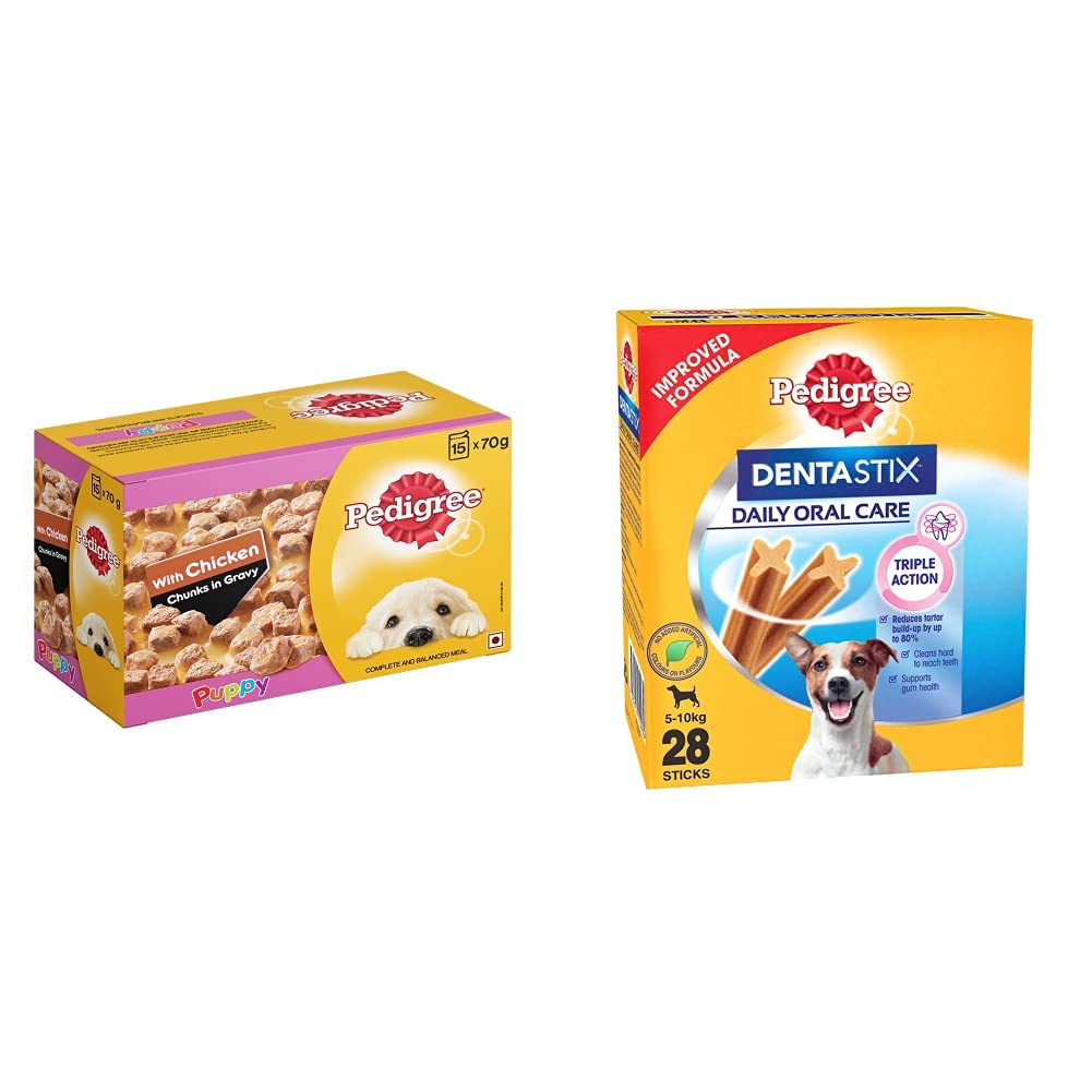 Pedigree Puppy Wet Dog Food, Chicken Chunks in Gravy, 70 g (Pack of 15) and Dentastix Small Breed (5-10 kg) Oral Care Dog Treat (Chew Sticks) (28 Sticks) 440g y (B08GMV2MQD) Amazon Price History, Amazon Price Tracker