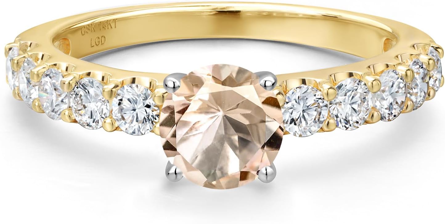 Gem Stone King 14K 2 Tone Gold Peach Morganite and Lab Grown Diamond Engagement Ring For Women | 1.25 Cttw | Round 6MM | Gemstone October Birthstone - Image 3