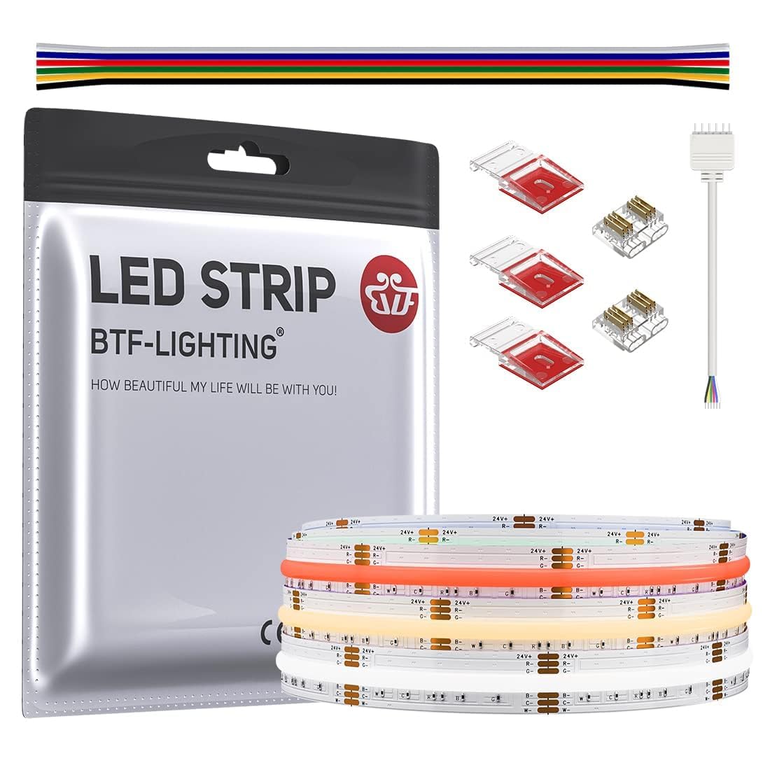 BTF-LIGHTING FCOB COB RGBCCT elastyczna taśma LED o wysokiej gęstości 3M 960LED/M | Taśma LED COB RGBCCT 24 V IP30 Wielokolorowa do pokoju TV Party DIY Dekoracja domu (nie zawiera kontrolera i zasilacza)