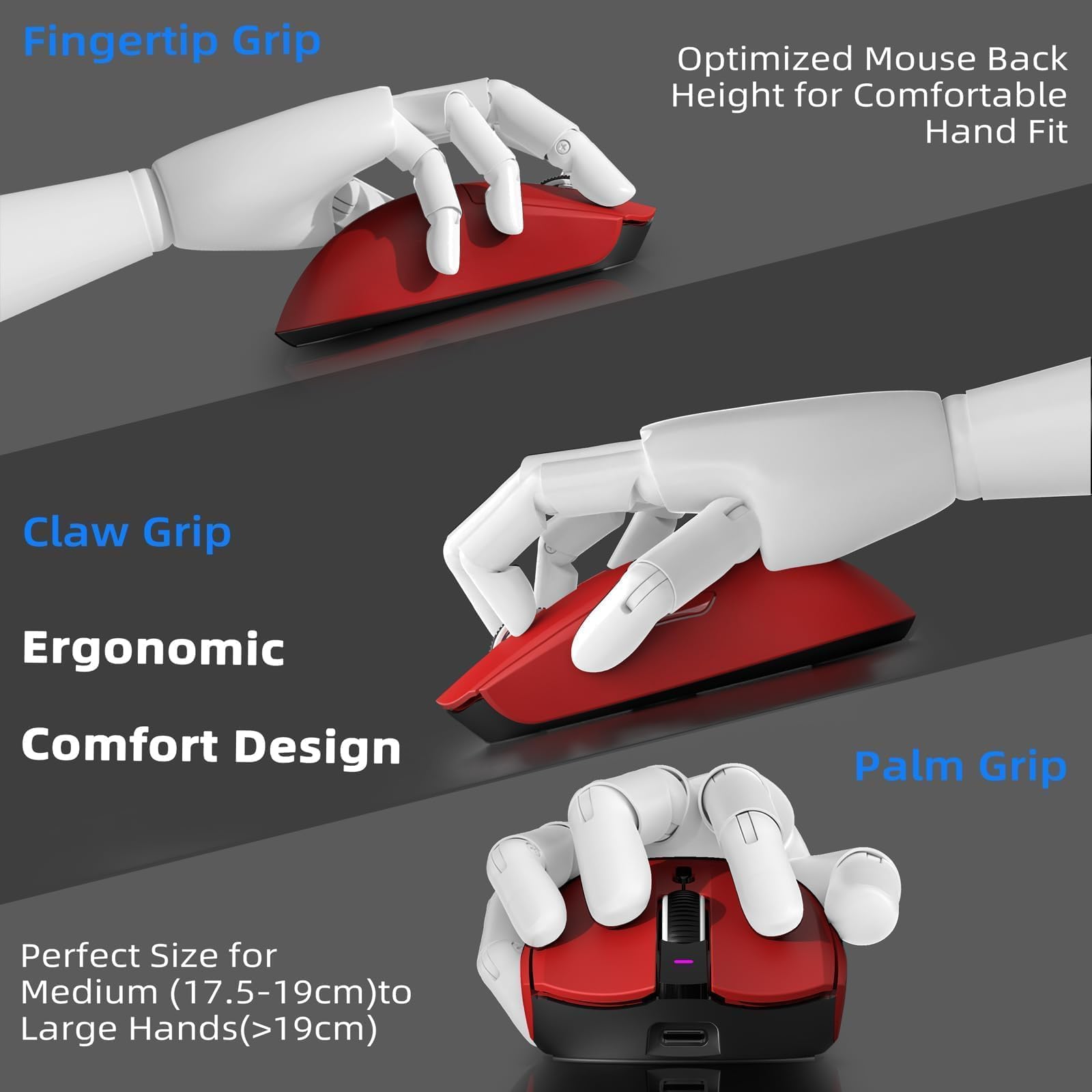 AJ139 PRO Mouse da Gioco Wireless, Mouse Leggero 59g, Sensore Ottico PixArt PAW3395, 26K DPI, Modalità Duale 2.4G / Cablato, Batteria 200 Ore, 6 Pulsanti Programmabili, per Win/Mac - Rosso