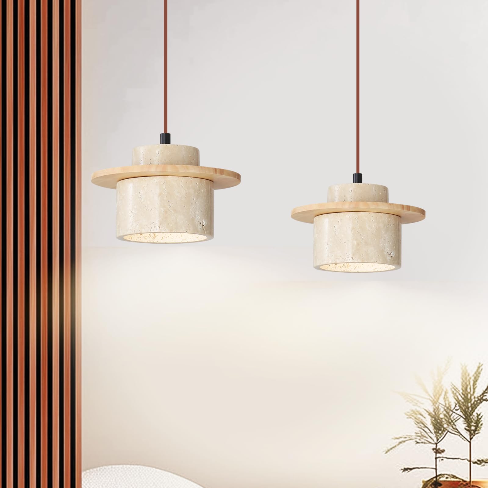 Huayusedf Beige 2Pcs Japanese Natural Stone Pendant Light Nordic Yellow Travertine Lamp For Kitchen Island,Mid-Century Wood Chandelier For Dining,Bedside,Entryway,Cafe,Restaurant