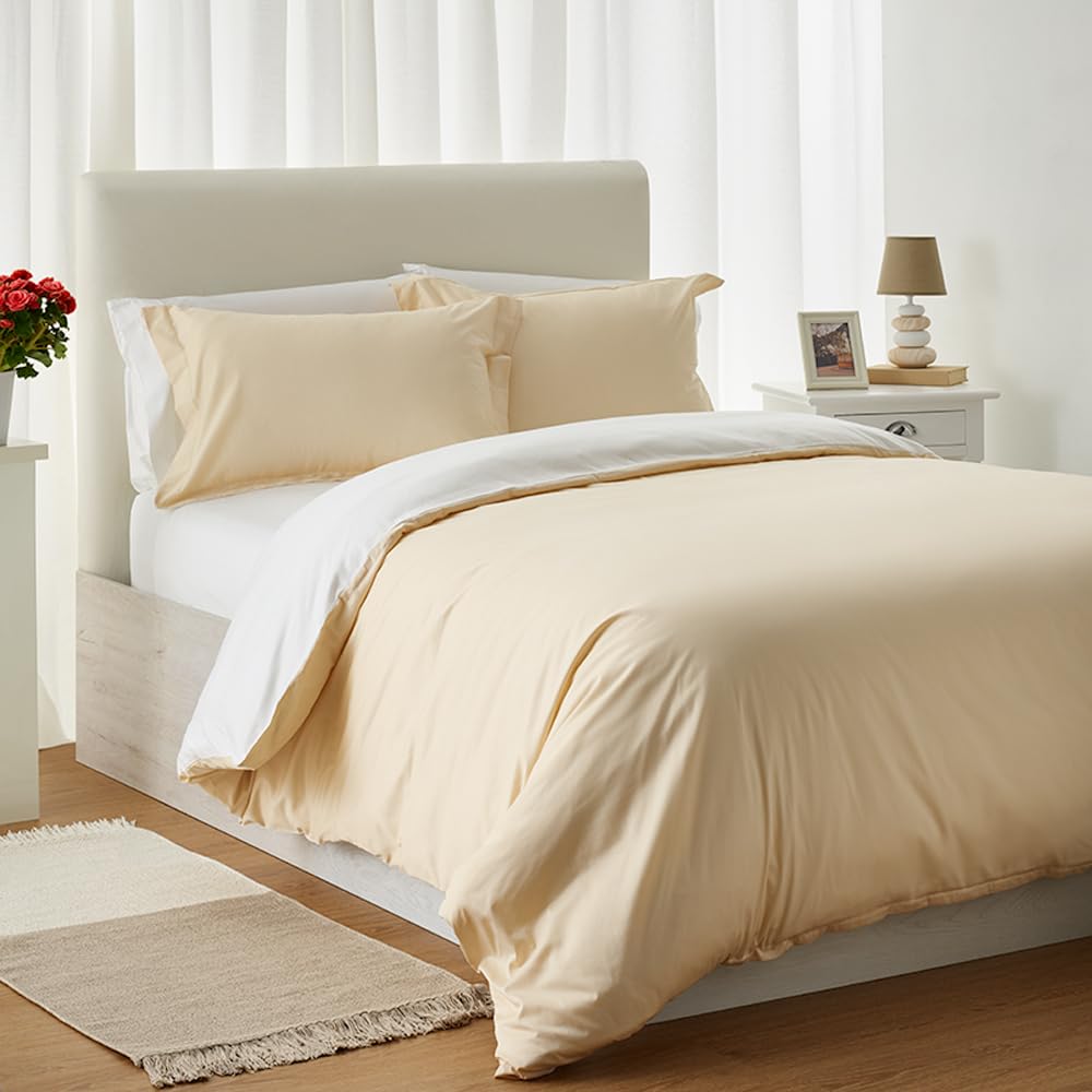 JOMY Funda Nordica Reversible,Cama 150, Algodón Egipcio 300 Hilos. Bicolor Beige/Blanco. 1 Funda 240 X 220 y 2 Fundas de Almohada 50x75. Cierre con Cremallera. Suave Transpirable.100% Algodón.