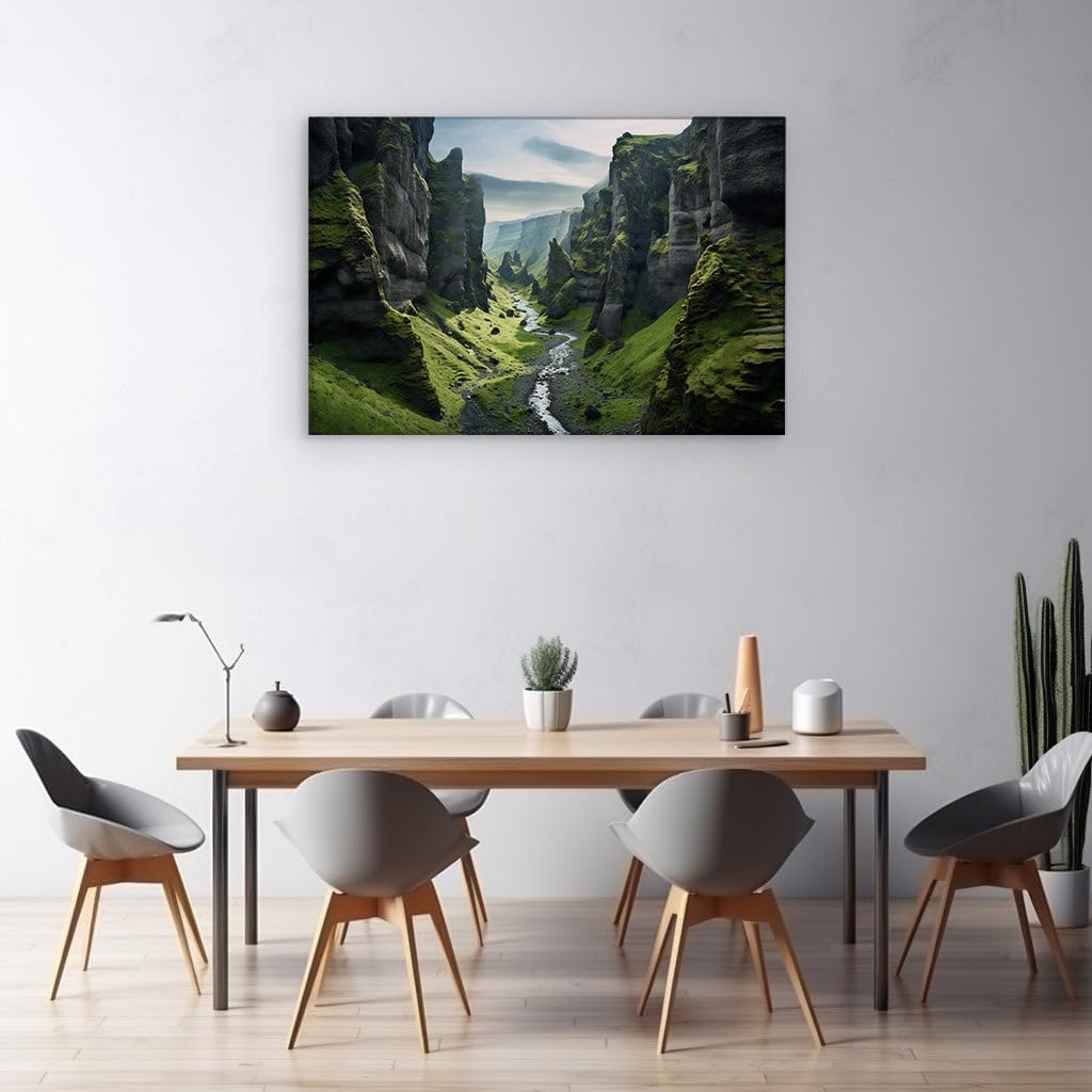 Canvas for Living room. Whispers of Nature: A River's Journey Through the Moss-Cloaked Canyon, 27 x 18 inch Canvas Wall Art - Modern Home Decor