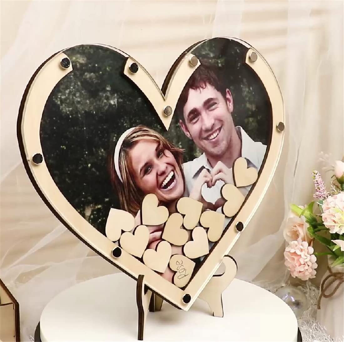 Livre D'Or Mariage Personnalisable Avec Cœurs En Bois - Cadre Alternative Originale Pour Réception