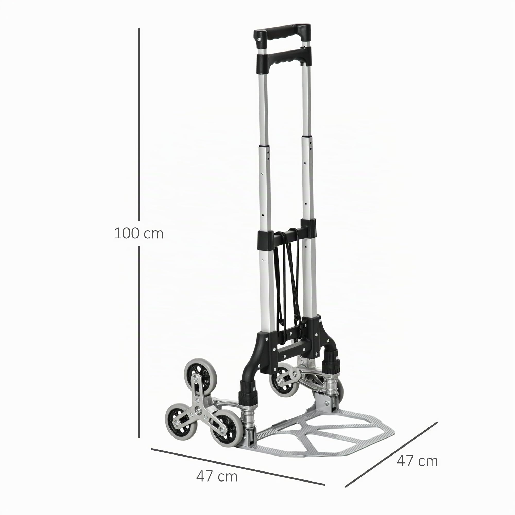DURHAND Carrello Portapacchi a 6 Ruote 47x47x100 cm Nero e Argento | max 70 kg, con Fune e Maniglia Estraibile, Carrello Pieghevole, in Alluminio, PP e TPR