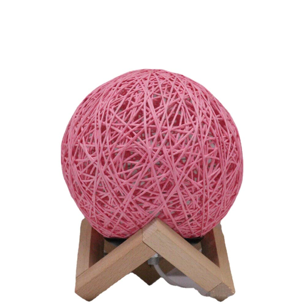 anso Rattan Ball LED Table Desk Bedside Night Light with Base Lamp Home Bedroom Multicoloured (Pink)