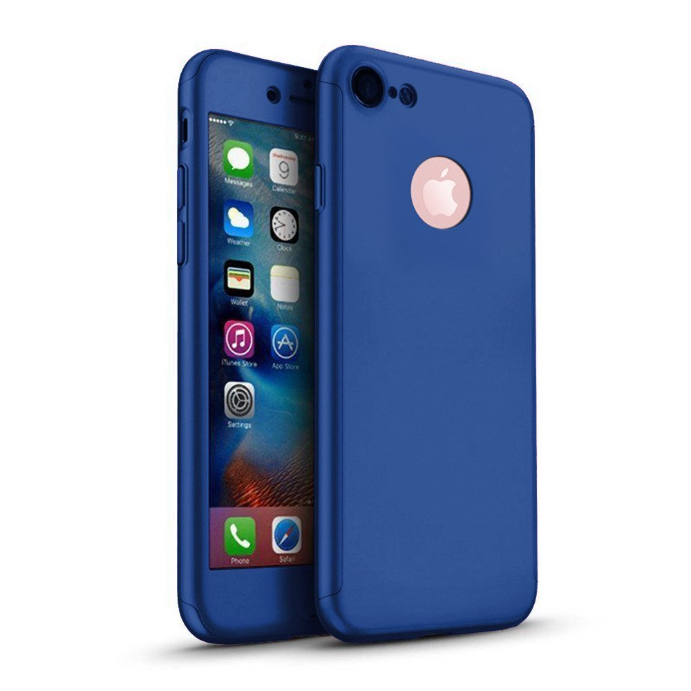 3Pcs Hybrid 360 Degree 3 in 1 Front Back Shockproof iPhone 8 Case Hard Cover with Tempered Glass Protector For Apple iPhone 8 (iPhone 8 4.7", Blue)
