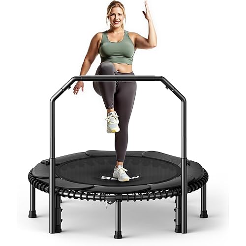 BCAN 40"/48" Mini Rebounder Trampoline for Adults with Bar, 450/550LBS Fitness Trampoline with Bungees, Adjustable Handle, Stable & Quiet, Indoor Outdoor, Whole-Body Workout & Relaxation at Home