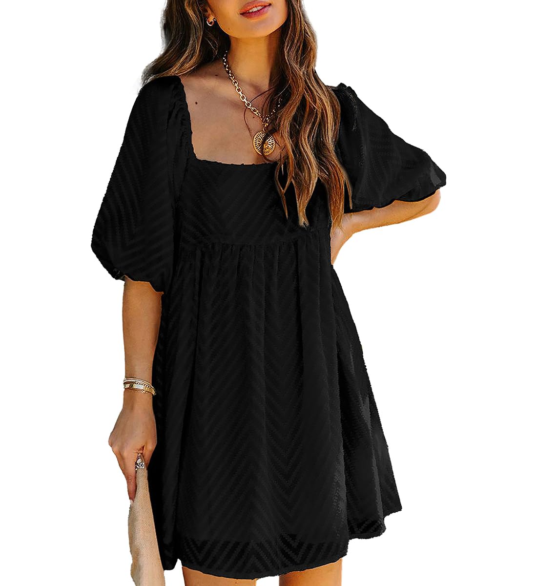 Photo 1 of (X-LARGE)Rooscier Women's Jacquard Square Neck Puff Short Sleeve Ruffle A Line Swing Mini Dress  Black