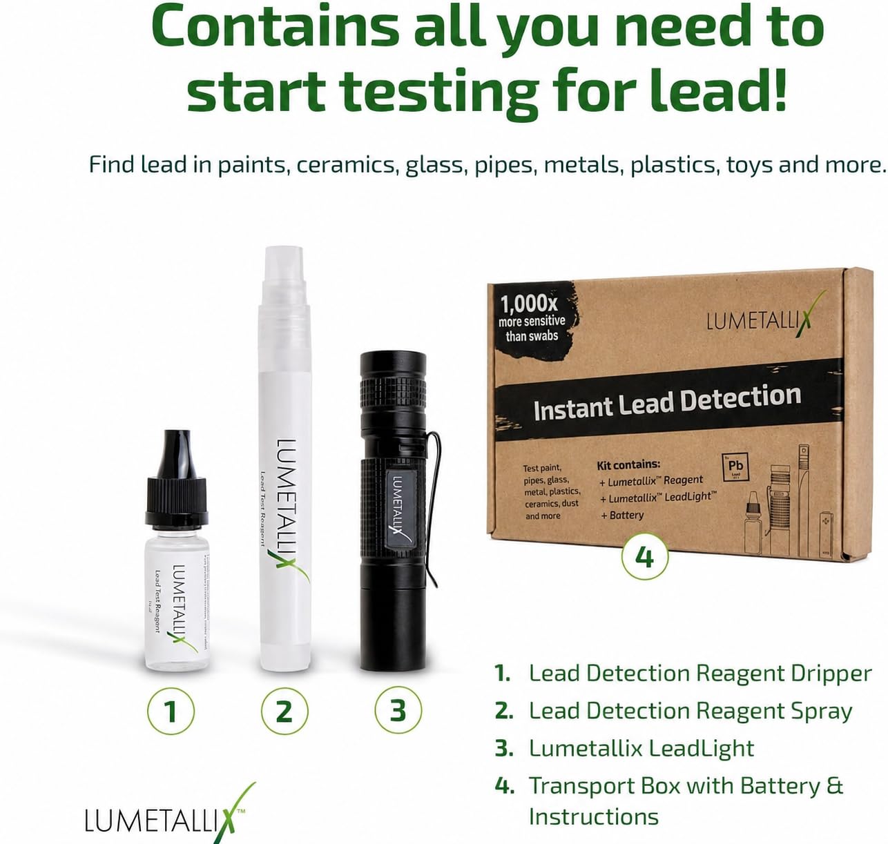 Lumetallix: Kit Instantáneo de Test de Plomo para Platos, Pintura, Cerámica, Vidrio, Juguetes | Rápido, Fácil y Seguro de Usar, Detección Fiable de Plomo | El Test del Plomo que Brilla