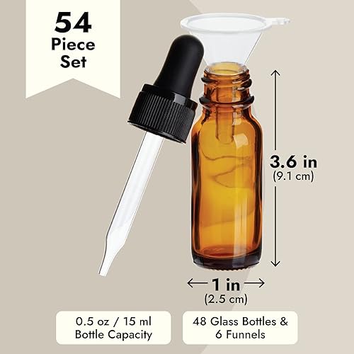 Miniatura 5 de Juvale Botellas con cuentagotas – 0.5 onzas, vidrio ámbar, 48 piezas – Botella con cuentagotas de vidrio ámbar vacía para aceite esencial y aceite