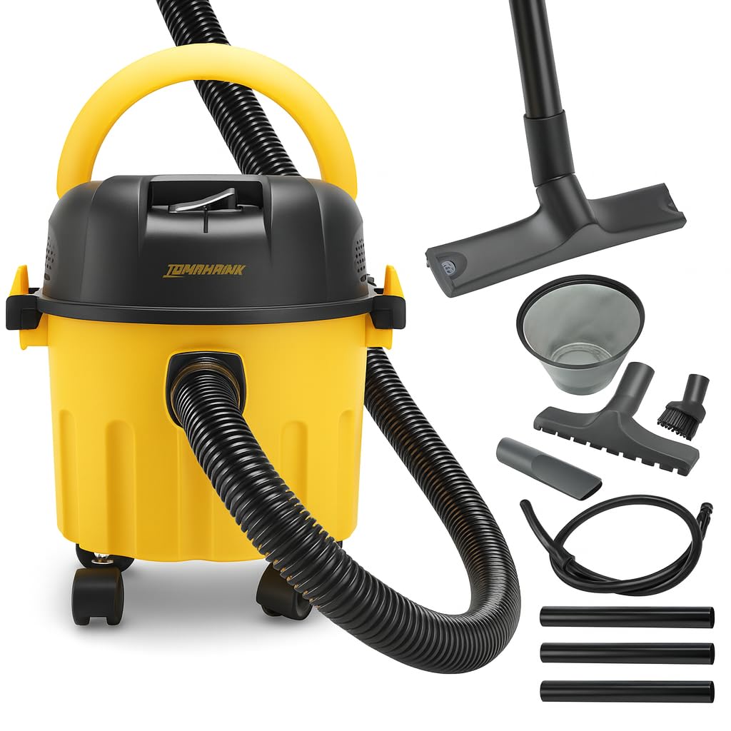 Tomahawk® T4446 Wet and Dry Vacuum Cleaner with Blower - 1200W, 10L Capacity, 17 Kpa Suction, 5Mtr Cord Length Portable for Cleaning, Workshop Reusable, Portable, 10 Liter, Foam, Yellow, 1 Count