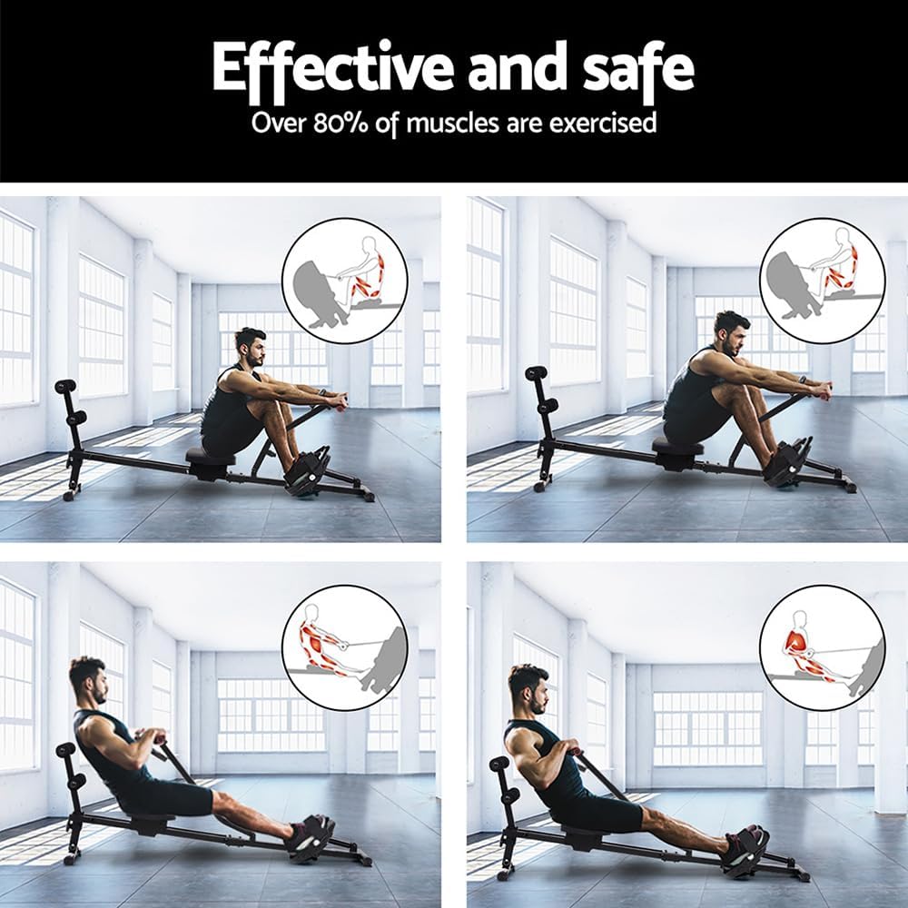 Everfit Hydraulic Rowing Machine, Rower Machine Foldable Row Machines with 12 Level Resistance, LCD Display and Backres, for Home Fitness Gym Cardio Workout, Black