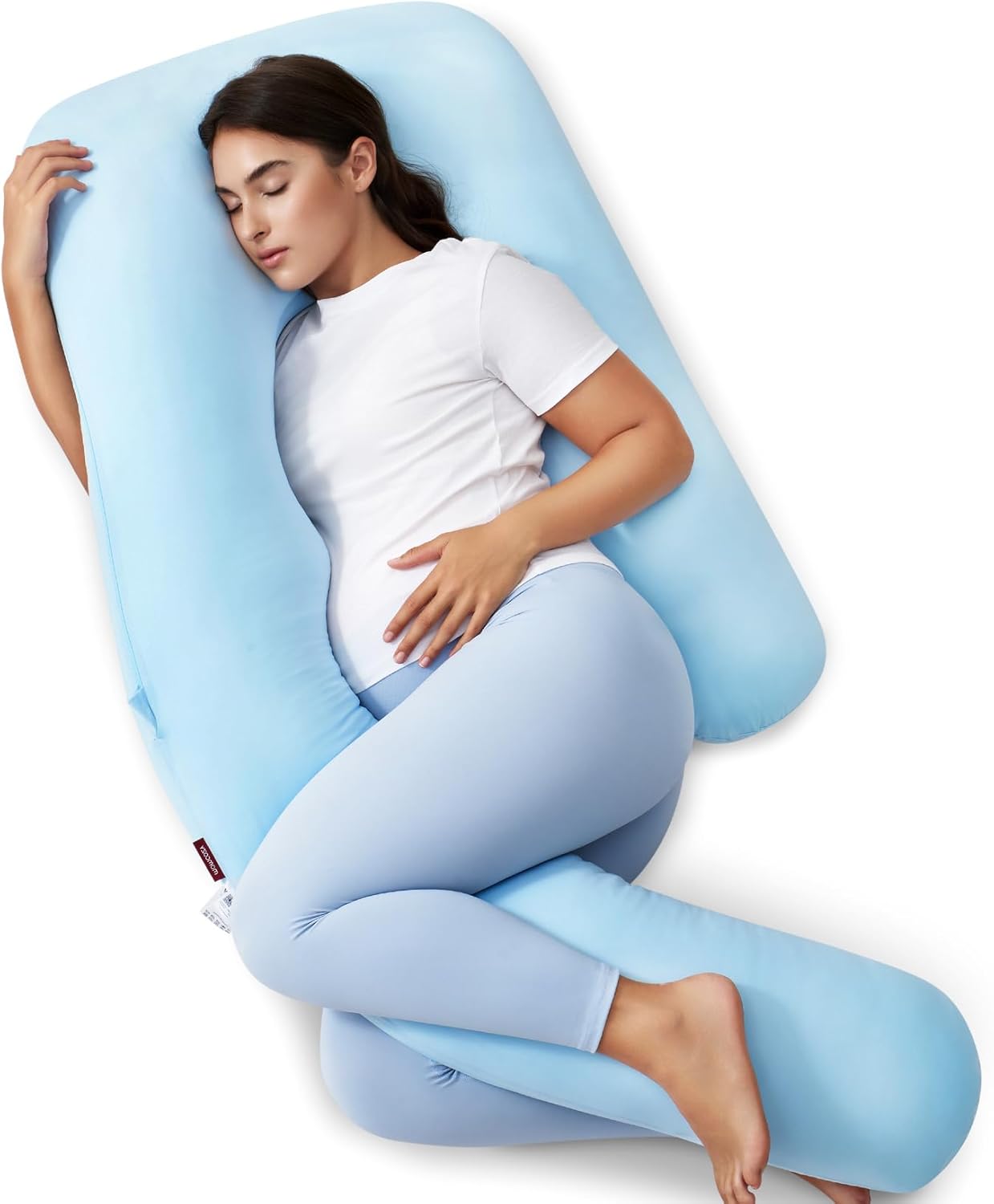 Momcozy Pregnancy Pillow with Cooling Cover, Dreamlign U Pro Maternity Pillow with Adjustable Leg Pillow - Support for Back, HIPS, Belly, Legs for Pregnant Women, 50-72 Inch, Bule Blue -Cooling Fabric