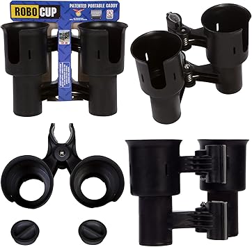 ROBOCUP, (Black), Patented Clamp On Boat Cup Holder |Multifunction Dual Drink Caddy for Fishing Poles, Tools, Net, Gaff |Portable Storage for Boating, Beach, Umbrellas, Golf Carts, Strollers
