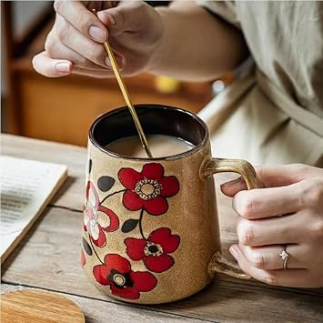 Large 24 oz Ceramic Coffee Mug with Handle, Vintage Coffee Cup, Extra Big Tea Cup for Office and Home, Dishwasher and Microwave Safe, Khaki with Red Flower,Perfect for Home and Work Gifts
