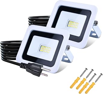 MIWAT 20W 2Pack Plug in LED Flood Light, Plug and Play Daylight LED Work Light, 4X3 inch White Shell IP68 Waterproof Outdoor Floodlights for White Wall, Eaves and Display Place