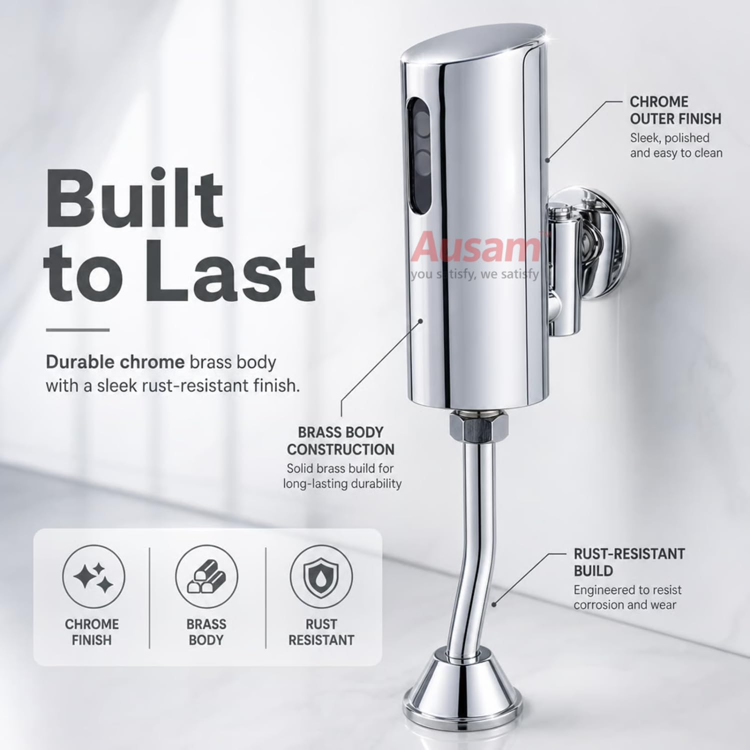Ausam Automatic Sensor Urinal Flush Valve | Touchless Infrared Electronic Flush System, Chrome Wall Mounted, Water Saving Hygienic for Commercial Toilets 3