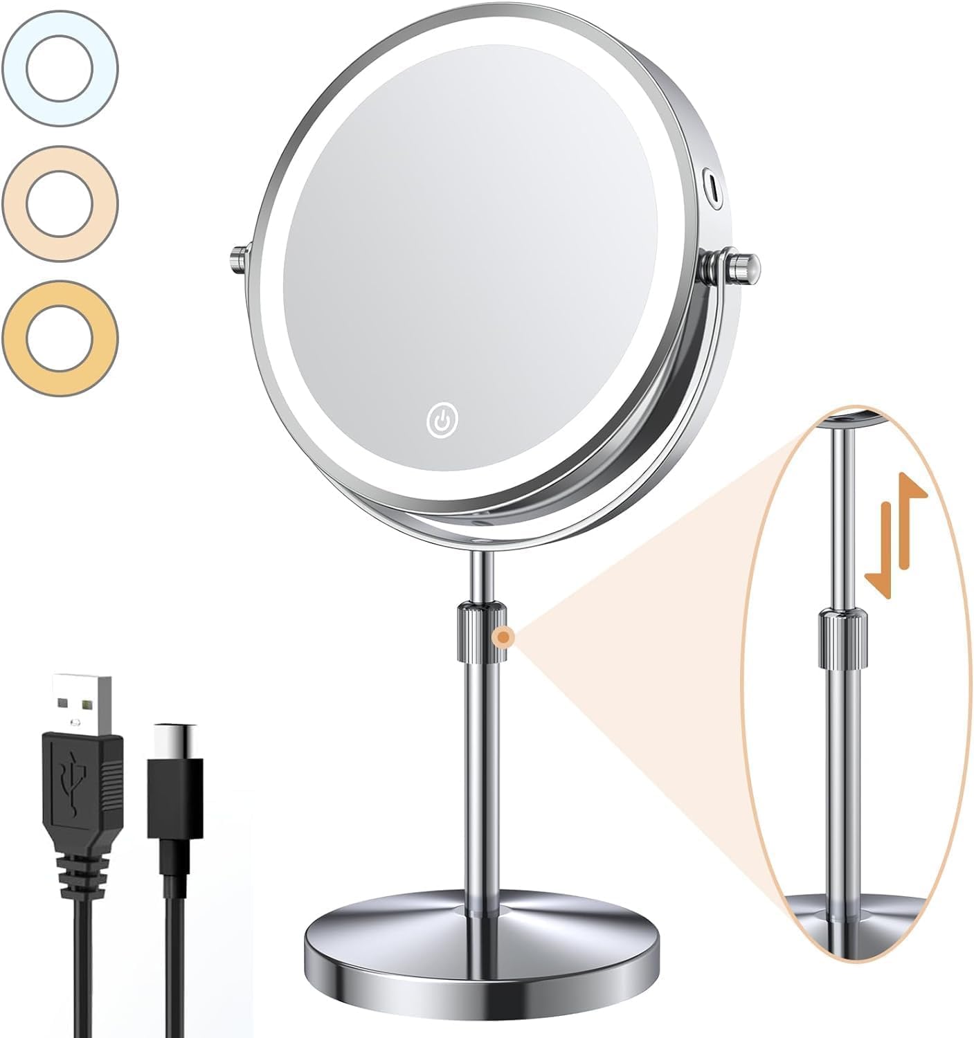 ARREBLY 8'' Rechargeable Lighted Vanity Mirror, 1X/10X Magnifying Makeup Mirror with LED Lights, Height Adjustable, 3 Colour Brightness, Touch Control 360° Swivel, for Women Girls