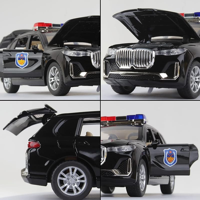 Image of Kids Model 1:32 BMW X7 Police Die Cast Metal Car Pull Back Action Opening Doors with Realistic Engine Sound Lights Toy Car Gift for Boys - Black