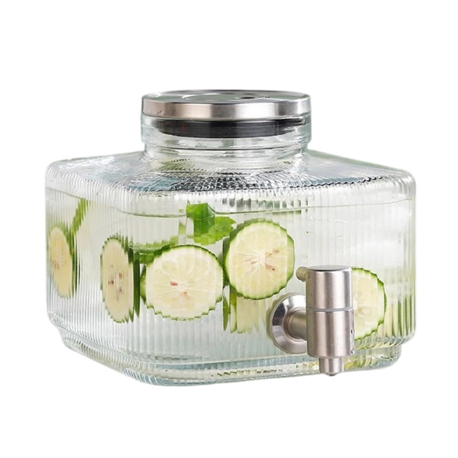 Jarra de agua transparente con tapa de acero inoxidable y boquillas, botella de agua para fiesta con dispensador de agua de vidrio con grifo