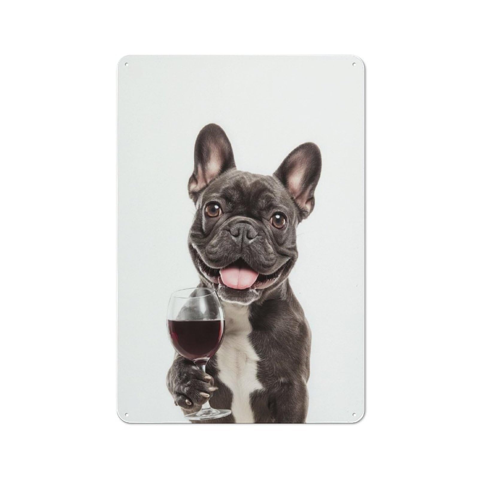 French Bulldog with Wine Glass Metal Wall Sign 30x20cm, Rustic Decor for Garage Wall, for People Furnishing A Garage