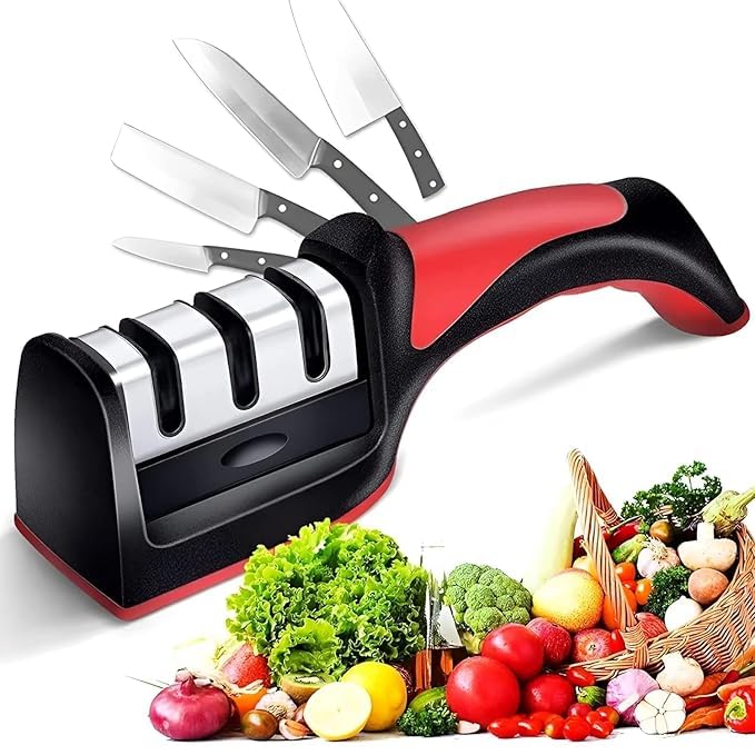 Image of Professional Kitchen Knife Sharpener with 3-Stage Sharpening System, Ergonomic Red Handle, Black (1, 3-Stage)