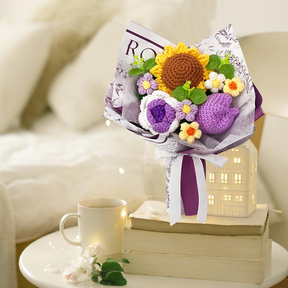 Phaicoilo Handmade Crochet Flower Bouquet - Tulips & Daisies, Purple, For Home Decor & Gifts - View #2