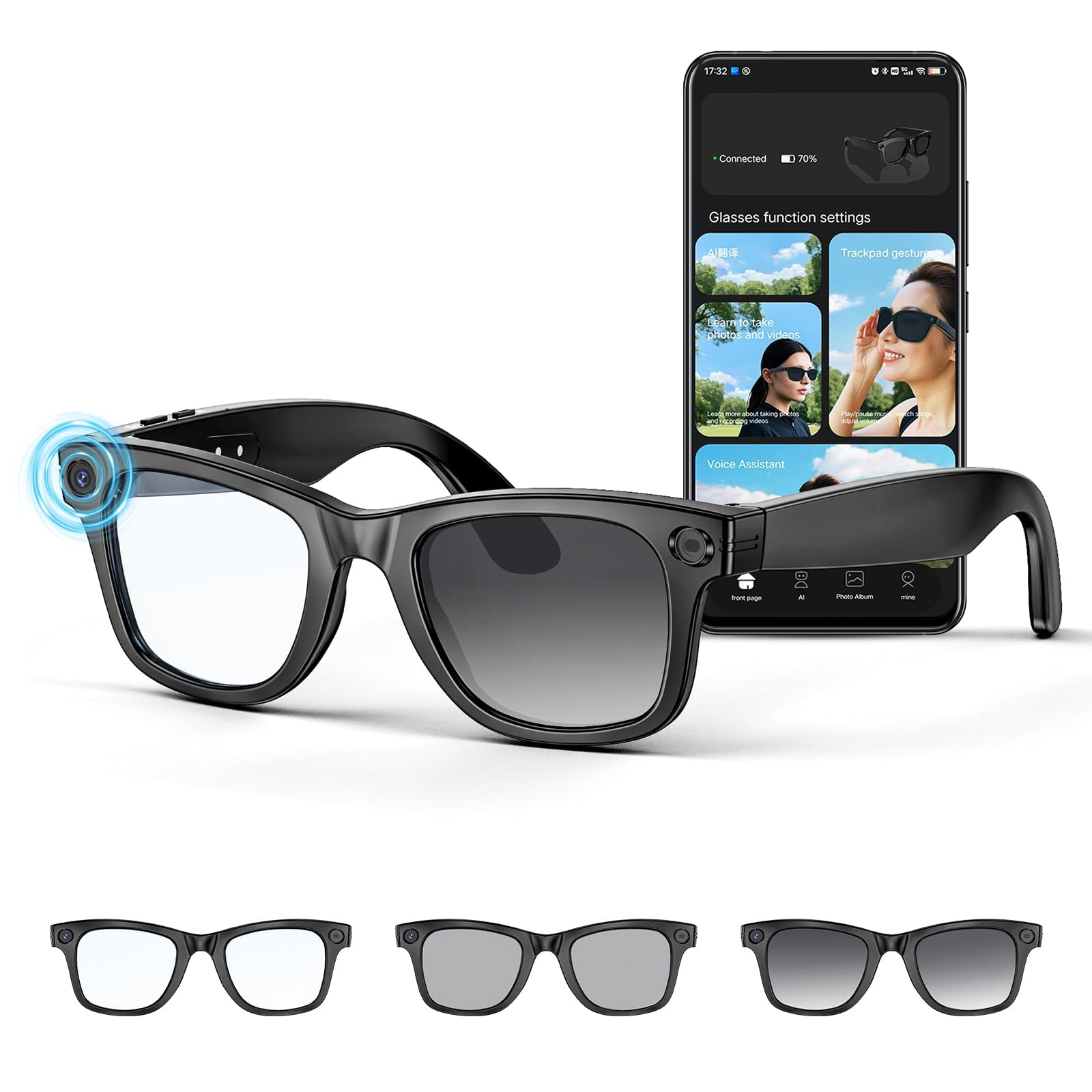 Occhiali intelligenti IA con fotocamera 4K HD, 270 mAh, fotocamera anti-agitazione 800 W, registrazione video con doppio microfono, interpretazione simultanea/GPT(nero)